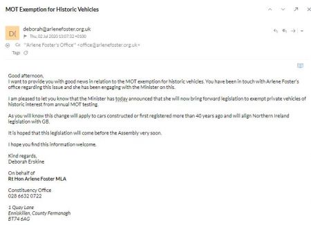 Latest News from Arelene Foster re MOT Exemption for Historic Vehicles